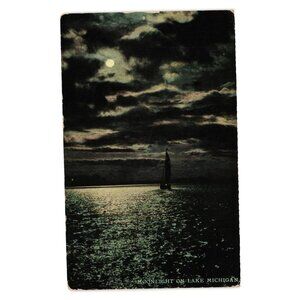 Moonlight On Lake Michigan Vintage Postcard Moonlight Sailboat Night